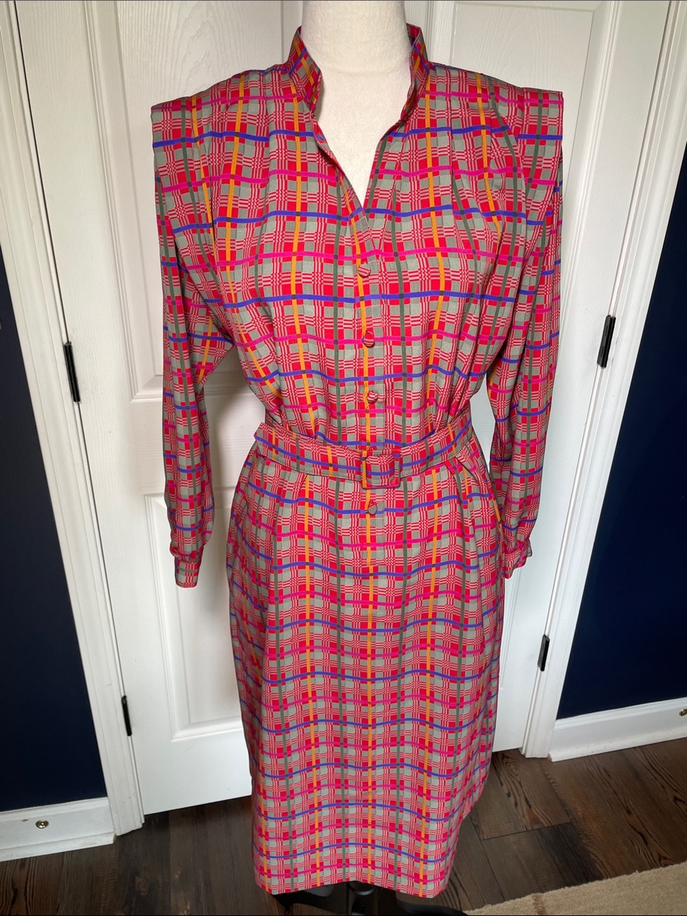 Vintage Hana Sung 1980s Plaid Shirt Dress Midi Belted Shoulder Pads Pink Blue 10